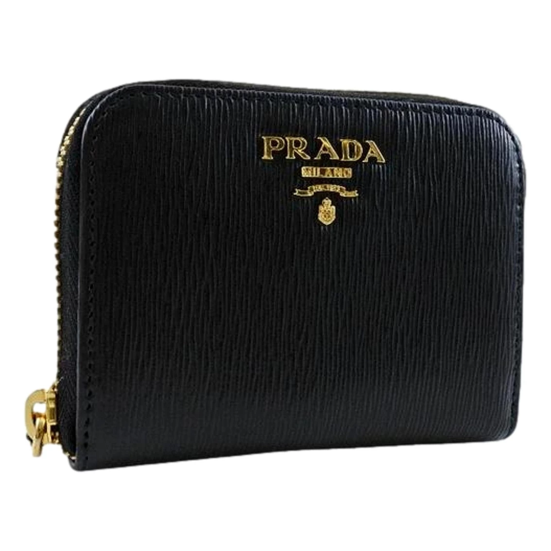 Promo π Prada Black Vitello Leather Gold Zip Coin Purse Wallet π