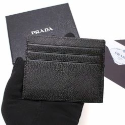 Budget 🛒 Prada Saffiano Nero Black - Gray Card Holder Silver Logo 2MC223 😉