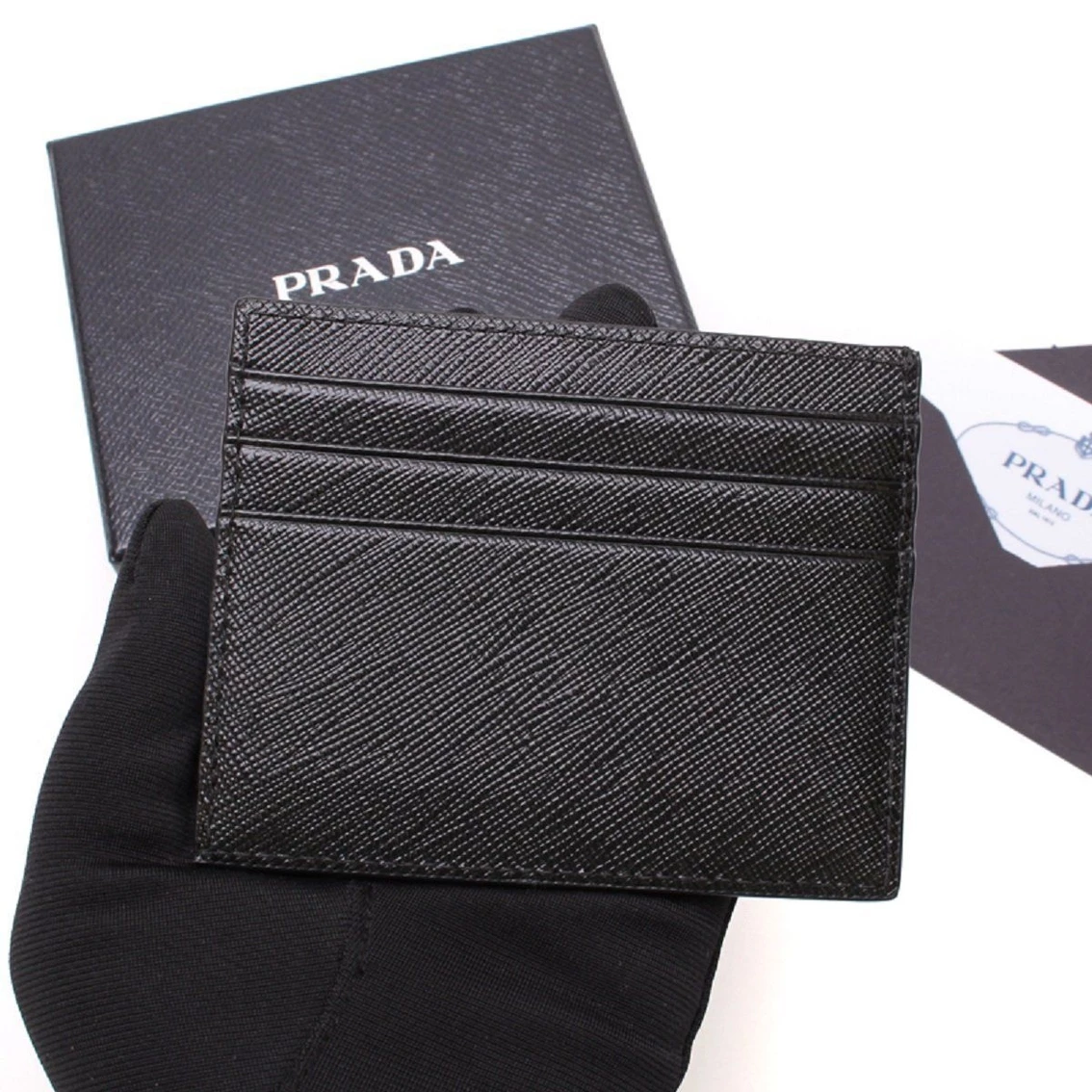 Budget π Prada Saffiano Nero Black - Gray Card Holder Silver Logo 2MC223 π