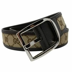 Coupon ๐ Gucci GG Canvas Brown Leather Palladium Buckle Belt 95/38 449716 ๐งจ