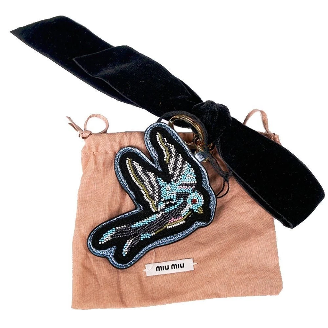 Flash Sale π Miu Miu Trick Plex Blason Beaded Blue Bird Black Velvet Bow Keyring 5TL217 π₯ - Image 3