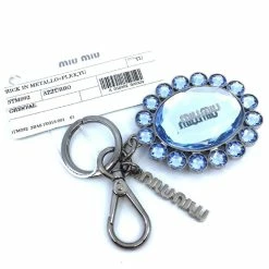 Hot Sale ⭐ Miu Miu Trick Metallo Oval Crystal Blue Plex Charm Key Chain Key Ring 5TM092 😉