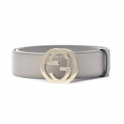 Outlet ⌛ Gucci Storm Grey Leather Interlocking GG Buckle 95/38 Belt 546386 🔥