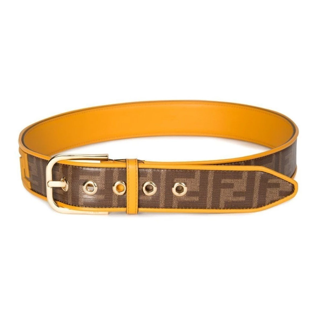 New π Fendi FF Logo Zucca Brown Yellow Leather Trim Belt 7C0400 Size 100/40 π€©
