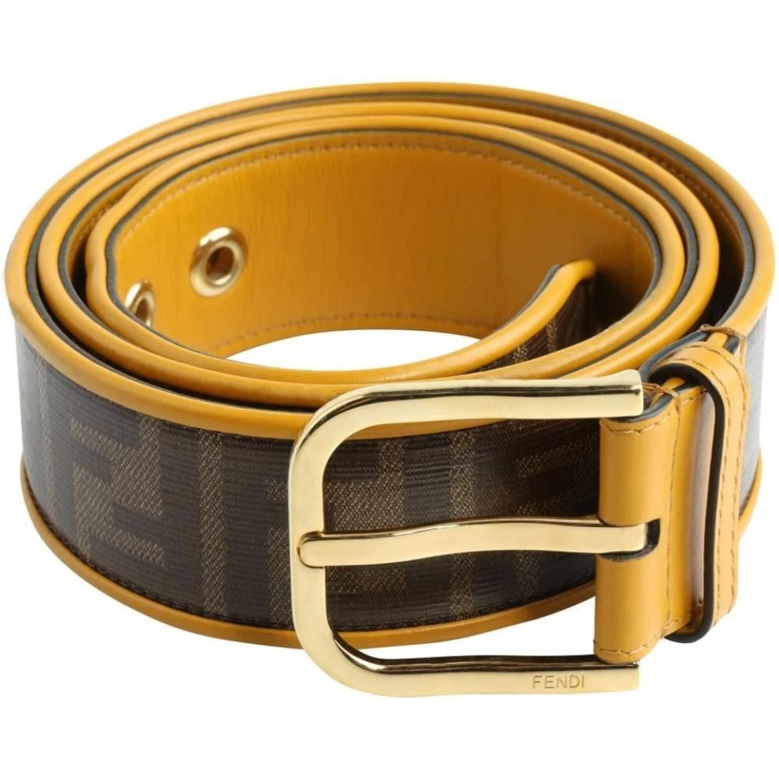 New π Fendi FF Logo Zucca Brown Yellow Leather Trim Belt 7C0400 Size 100/40 π€© - Image 2