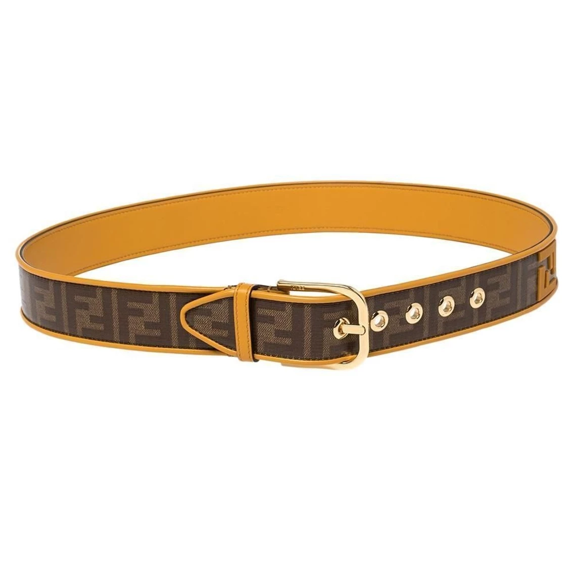 New π Fendi FF Logo Zucca Brown Yellow Leather Trim Belt 7C0400 Size 100/40 π€© - Image 3