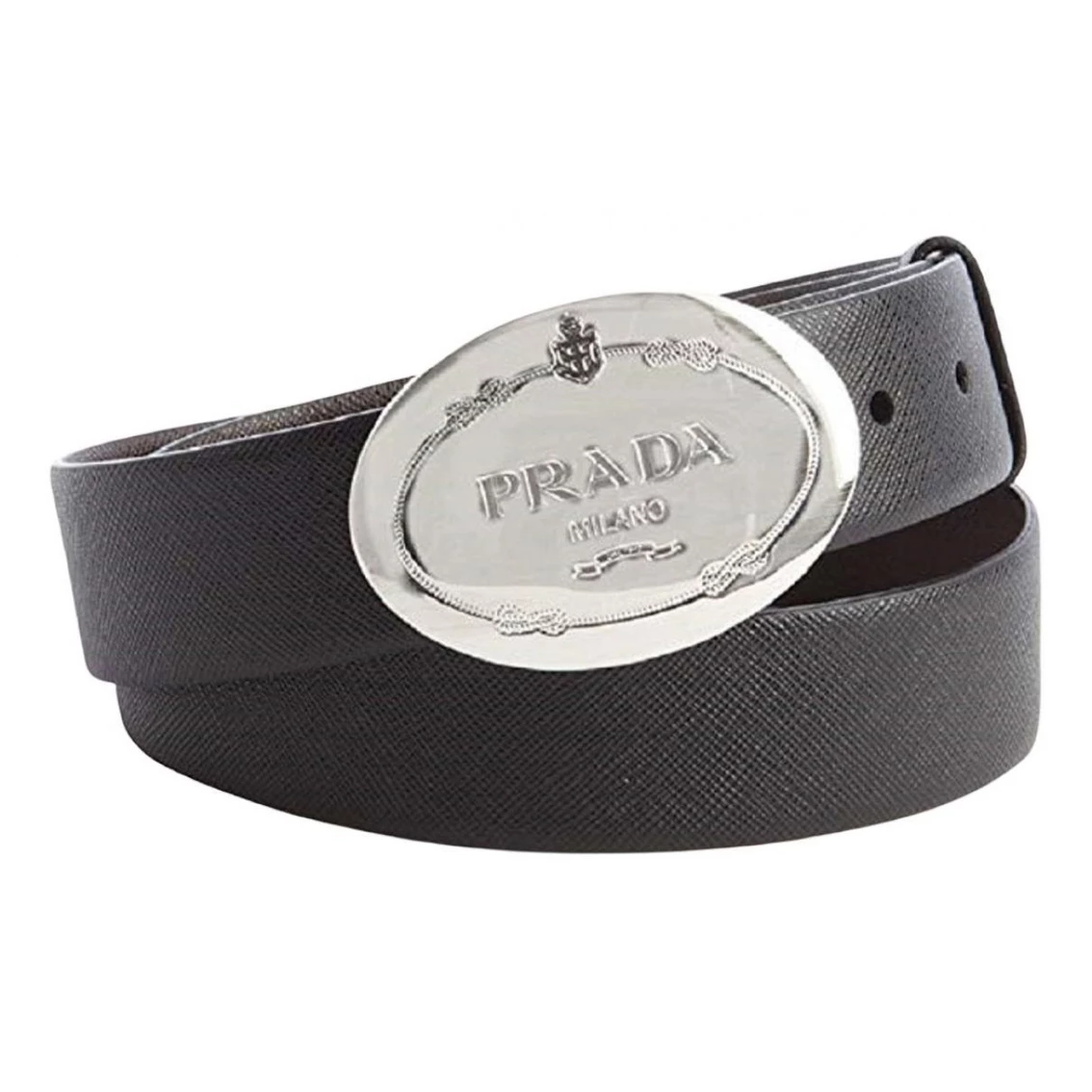 Cheap π Prada Black Saffiano Leather Engraved Oval Plaque Buckle Size: 110/44 Belt 2CM046 π