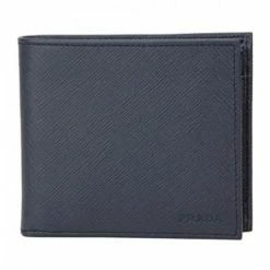 Outlet โค๏ธ Prada Men's Baltico Blue Saffiano Leather Logo Billfold Bifold Wallet 2MO738 โจ