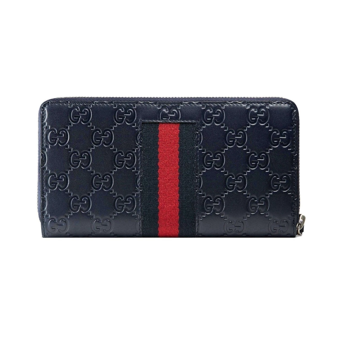 New π Gucci Navy Blue Leather Guccissima Web Stripe Long Zip Wallet 408831 π