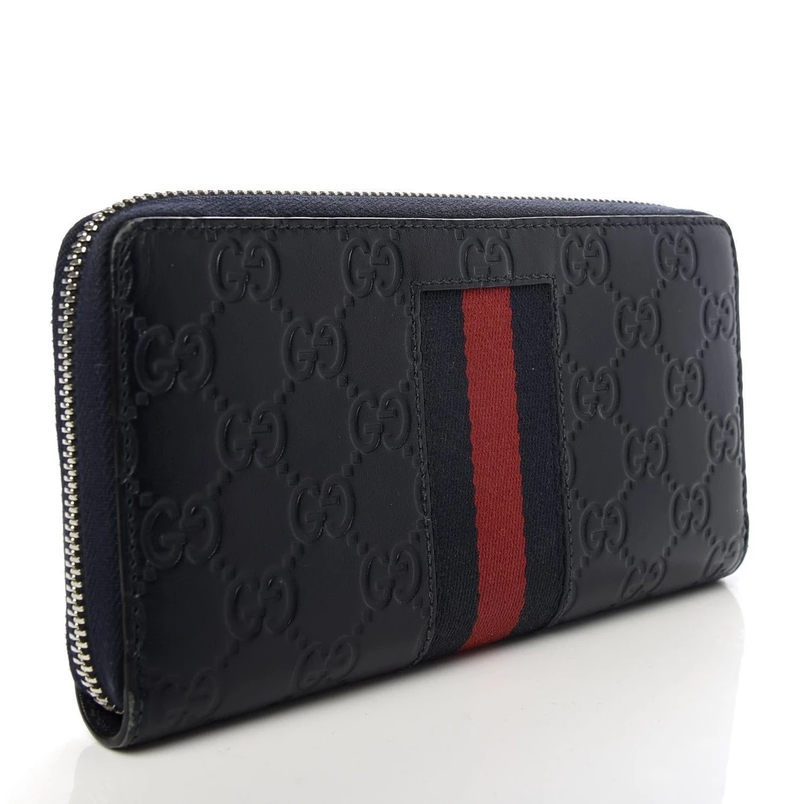 New π Gucci Navy Blue Leather Guccissima Web Stripe Long Zip Wallet 408831 π - Image 5
