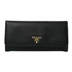 Coupon 👏 Prada Black Saffiano Leather Snap ID Holder Long Wallet 1MH132 😍