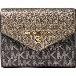 Best Pirce 😀 Michael Kors Jet Set Charm Medium Envelope Trifold Black Gold 🤩
